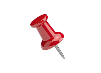 Red pushpin with silver needle isolated on a black background, 3D render, sharp point, circular head, office supply, stationery item, tool for fixing papers, simple geometric shape