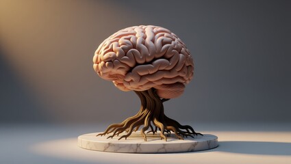 Brainshaped tree sculpture on marble base