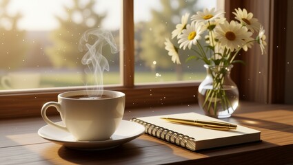 Steaming coffee cup with notebook and daisies by window
