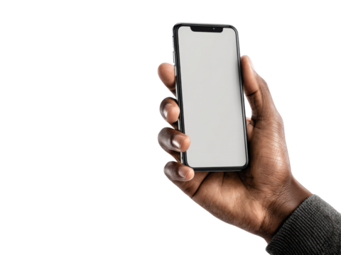 Dark skinned hand holding modern smartphone technology, Isolated, Png Transparent Background