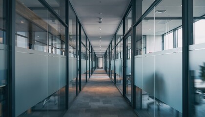 Modern Office Corridor with Glass Partitions Bright Natural Lighting Spacious Workplace