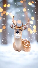 Deer in a snowy forest, with soft bokeh lights, creating a winter wonderland scene