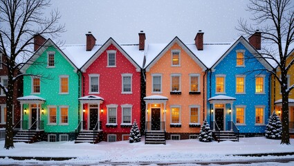 Snowy winter row of colorful houses