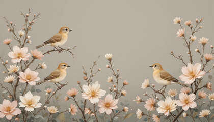 Beautiful Watercolor Illustration of Birds and Spring Blossoms
