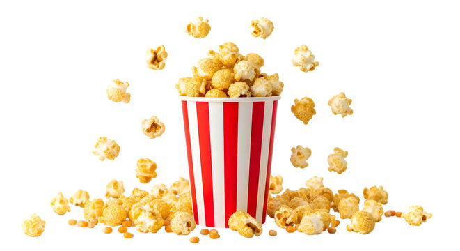 Fresh buttery popcorn spilling from a striped cup, ready for movie night
