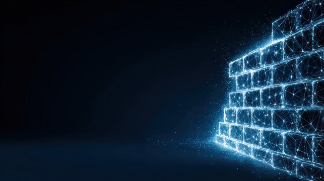 A glowing digital brick wall symbolizing the cyber security in the digital world, illuminated against a dark background. ..Created with Generative AI, not depicting real subjects. - Powered by Adobe