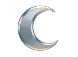 Silver crescent moon shape with reflective facets isolated on a transparent background with crisp lighting and subtle highlights simulating a celestial body or a symbol of the night sky