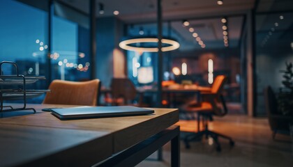 Modern Office Meeting Room with Warm Lighting and Contemporary Furniture