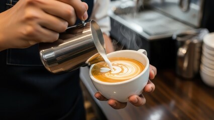 A barista carefully pours steamed milk into a cup of coffee, creating latte art.