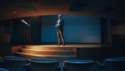 Confident Male Presenter Standing on Stage in Modern Auditorium with Blue Background and Audience Seating