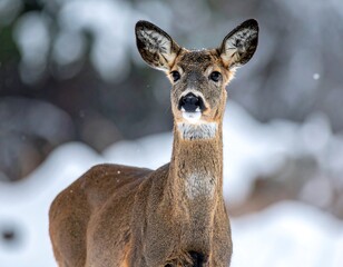 Deer in winter, facing camera. Snow and trees blurred in background, natural light