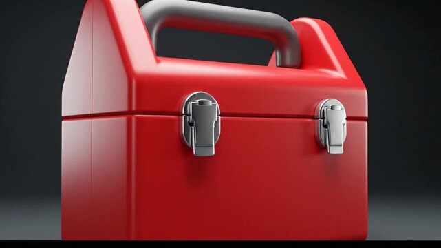 Vibrant Red Plastic Toolbox with Grey Handle and Silver Latches, Ideal for Home DIY, Professional Repair, and Tool Storage Against a Dark Background