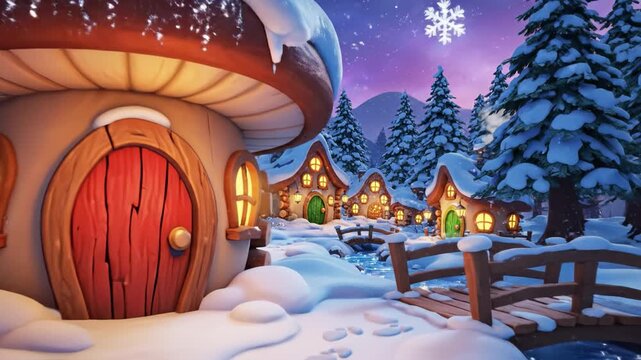 Christmas village background with snow covered mushroom houses and glowing windows starry night sky creating magical winter atmosphere full of warmth festive charm and cozy christmas background