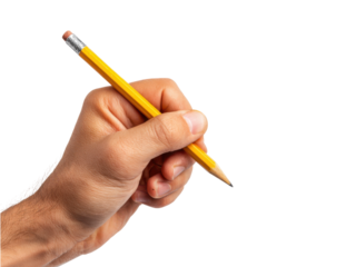 Hand holding yellow pencil with eraser against black background writing, Isolated, Png Transparent Background
