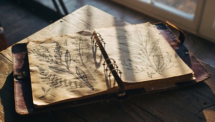 Open Sketchbook with Botanical Leaf Illustrations on Aged Paper Illuminated by Sunlight in Cozy Natural Setting
