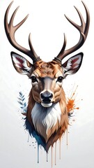 Deer portrait with watercolor effect, antlers reach towards the sky