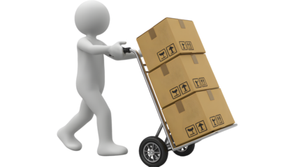 A stick figure pushing a hand truck loaded with three cardboard boxes with shipping labels on them