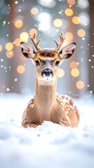 Deer rests in soft snowy landscape, bokeh lights in the background, snowing softly