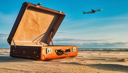 Open Vintage Suitcase on Beach Sand with Airplane Flying in Blue Sky