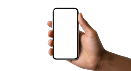 Hand holding a smartphone with a blank screen, isolated on transparent background