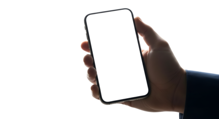 Man holding a smartphone with a white screen isolated on transparent background