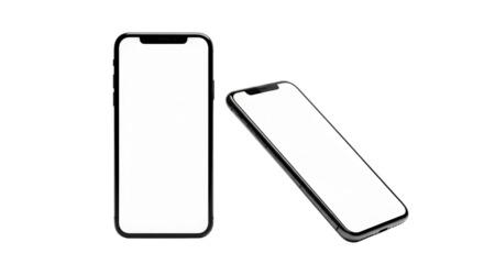 Two modern smartphones with blank screens isolated on transparent background