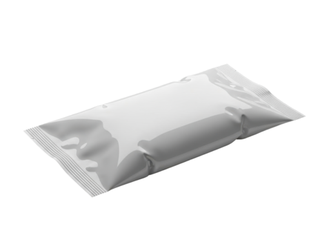 Sleek modern snack pouch with glossy highlights and smooth reflections white background