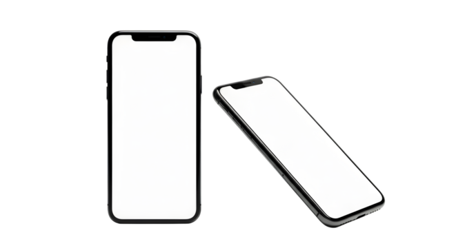 Two modern smartphones with blank screens isolated on transparent background