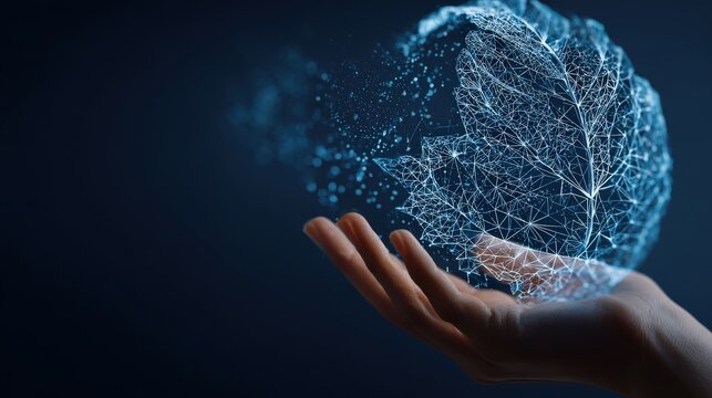 A hand cradles a digitally rendered leaf, a stunning visual metaphor for the interconnectedness of nature and technology. ..Created with Generative AI, not depicting real subjects.