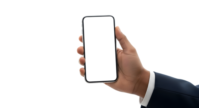 Hand holding a smartphone with a blank screen isolated on transparent background