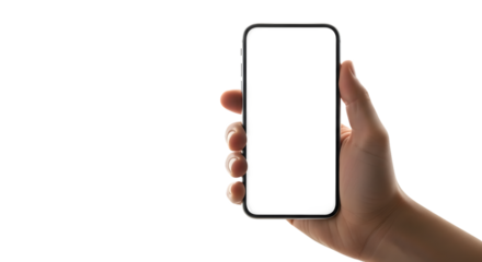 Hand holding a smartphone with a blank screen isolated on transparent background