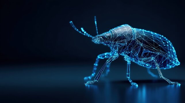 A digital representation of an insect beetle, glowing with intricate details, against a dark backdrop. ..Created with Generative AI, not depicting real subjects.