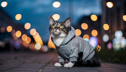 Cute Cat Wearing Gray Hoodie Sitting on City Street at Night with Bokeh Lights