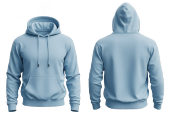Light blue hoodie front and back view, isolated on a plain background, apparel mockup isolated on transparent background