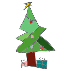 hand drawn Christmas tree cartoon,  tree, star on top, merry Christmas