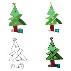 4 style of hand drawn Christmas tree cartoon seamless,  tree, star on top, merry Christmas