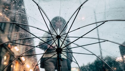 Person Holding Transparent Umbrella in Rainy Weather with Blurred Background