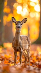 Deer stands amongst fallen autumn leaves with a bokeh background of warm sunlight
