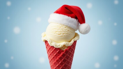 Ice cream cone with Santa hat and snowflakes