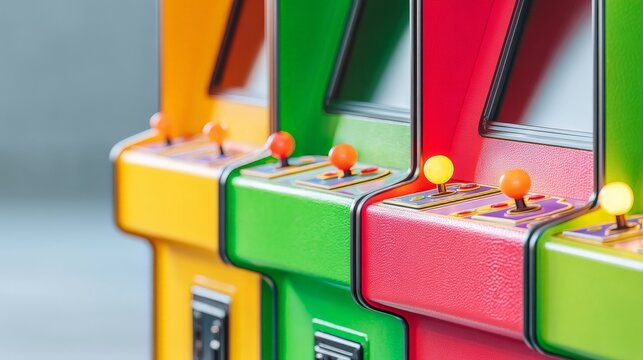 Nostalgic Technology Concept, Colorful vintage arcade game machines lined up in a row.