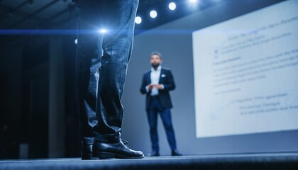 Professional Male Presenter Standing on Stage in Business Suit During Conference