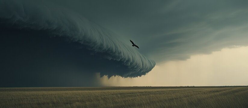 Plains storm, bird in flight, dramatic sky. Stock photo