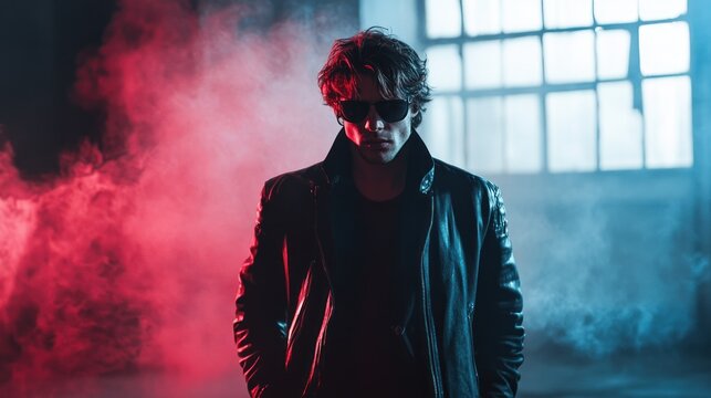 Man, leather jacket, sunglasses, smoky warehouse, edgy portrait, music cover