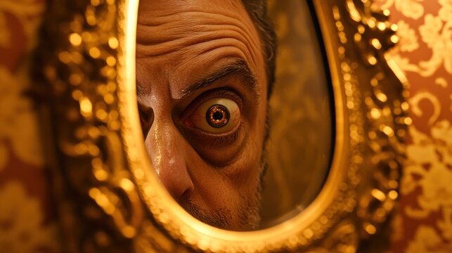 Man's reflection, one eye enlarged, ornate mirror, vintage wallpaper background; horror, thriller, film