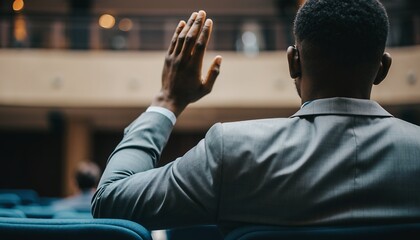 Professional Man Wearing Suit Raising Hand During Conference in Auditorium