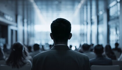 Professional Man Wearing Suit Standing in Modern Conference Hall with Audience