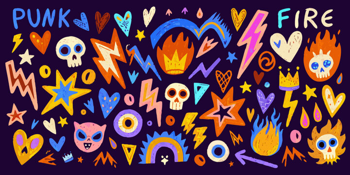 Punk rock and fire elements in a hand drawn doodle style