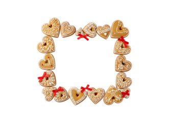 A romantic border made of heart-shaped ginger cookies set against a white background. It's all about love and Valentine's Day vibes. Plenty of room for your text, top view, flat lay. 

