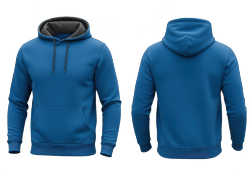 Blue hooded sweatshirt with kangaroo pocket and drawstring, front and back view isolated on transparent background