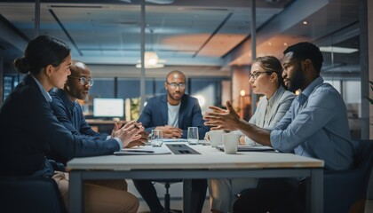 Diverse Business Team Meeting in Modern Conference Room Engaged in Discussion